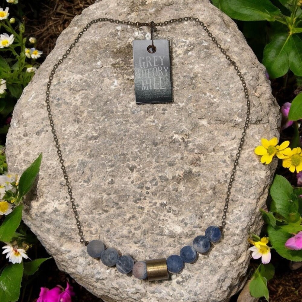 Grey Theory Mill Movement & Sound Necklace With Blue Beads & Brass Accent Chain